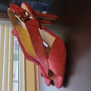 Michael Kors Suede Sangria Red Peep Stilettos with Party Cross